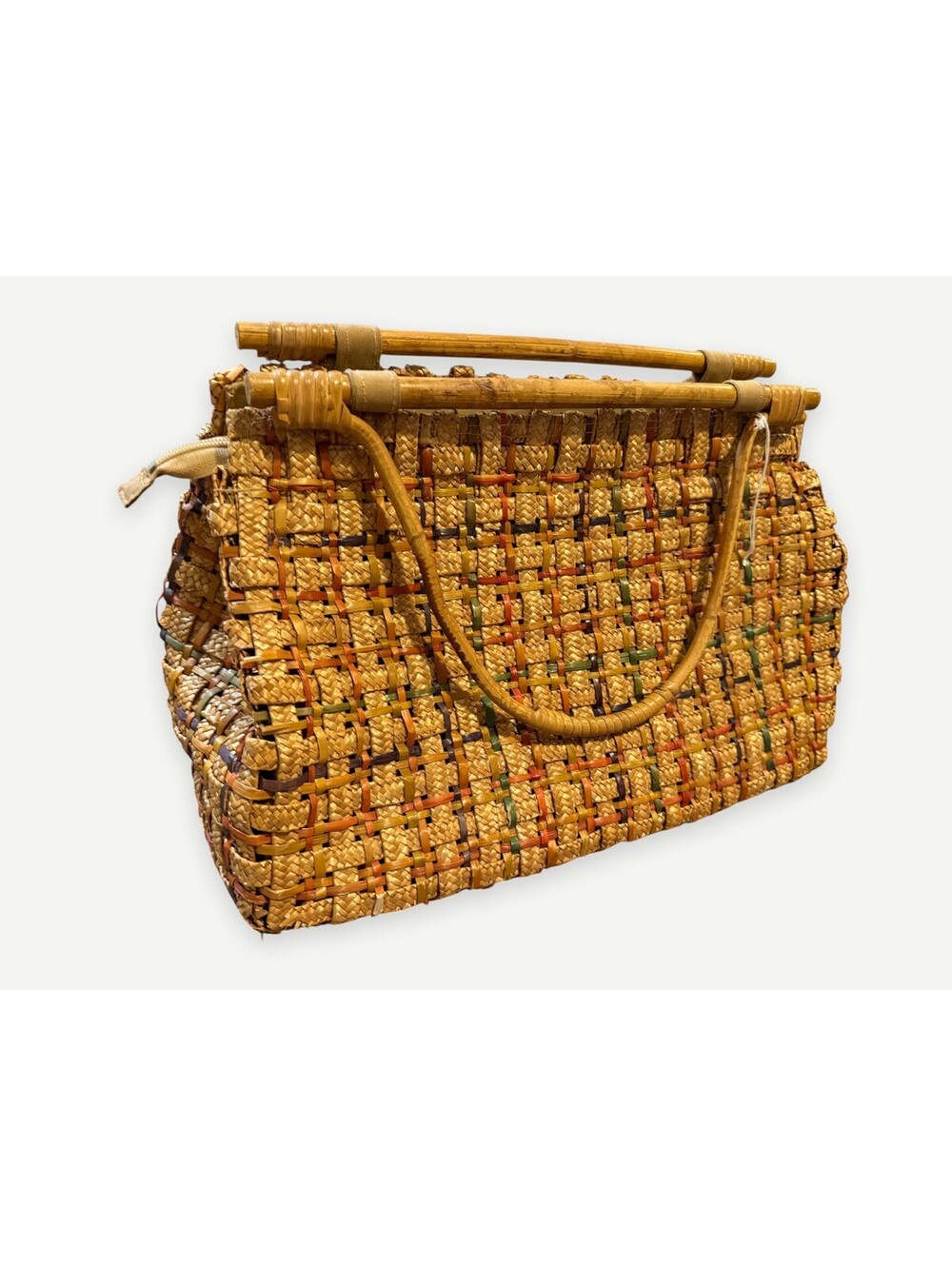 Vintage Woven Raffia Straw Handbag Bamboo Handles Multicolor 18โ Boho